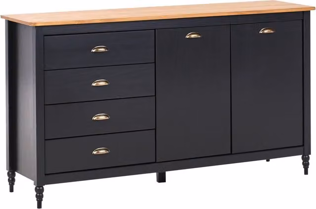 Credenza nera a 2 ante e 4 cassetti, mobile contenitore in stile scandinavo con piano in legno