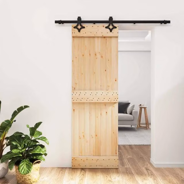 Porta scorrevole moderna vidaXL in legno e acciaio, Colore Naturale e Nero, L: 183 cm, H: 210 cm, P: 16 cm