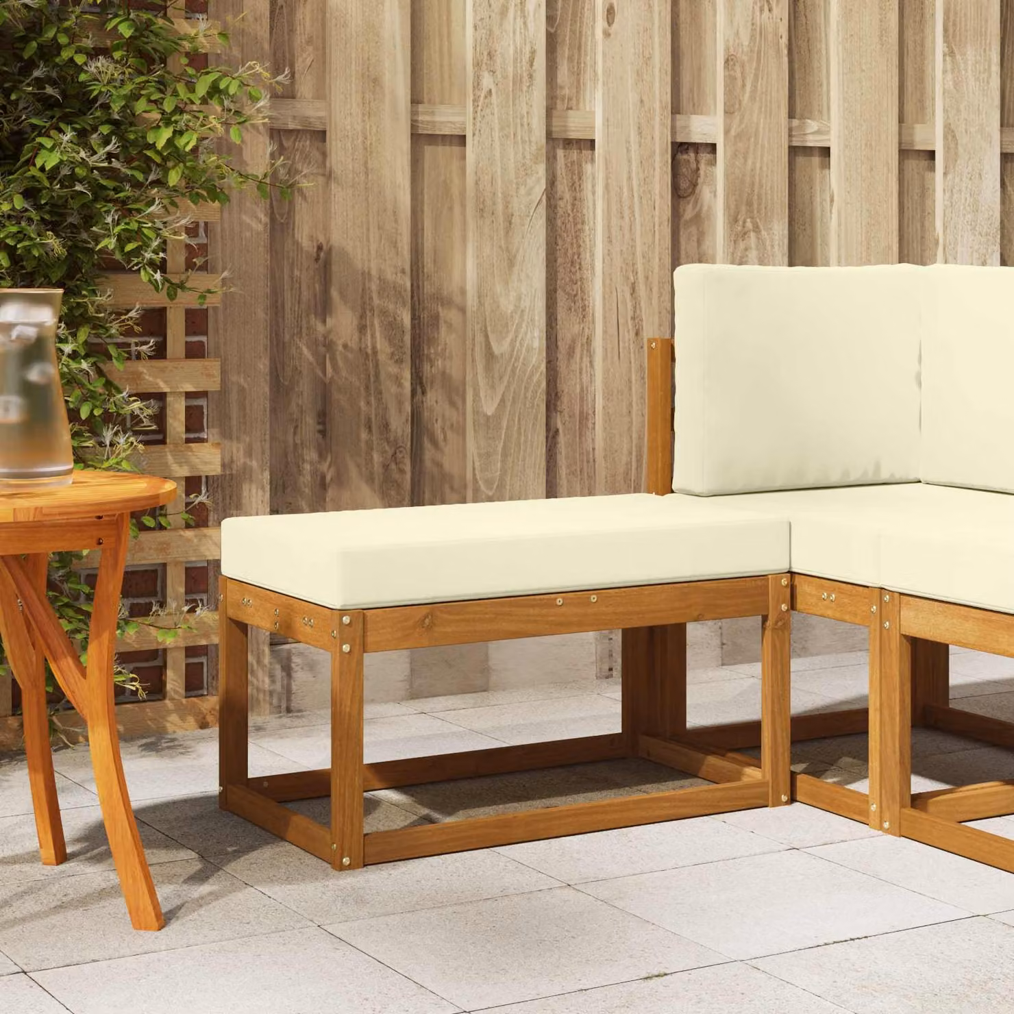 Panca da giardino moderna vidaXL in legno di acacia con cuscini beige e marrone L: 110 cm, H: 79 cm, P: 43 cm