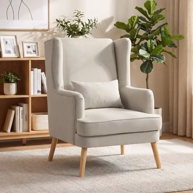 Poltrona moderna Mivray in tessuto beige con schienale alto e gambe in legno di gomma rouan – 1