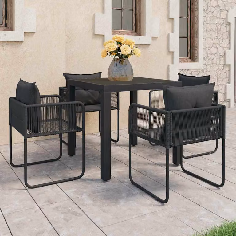 Set da pranzo da giardino vidaXL in 5 pezzi in polyrattan nero e grigio con tavolo quadrato e sedie moderne