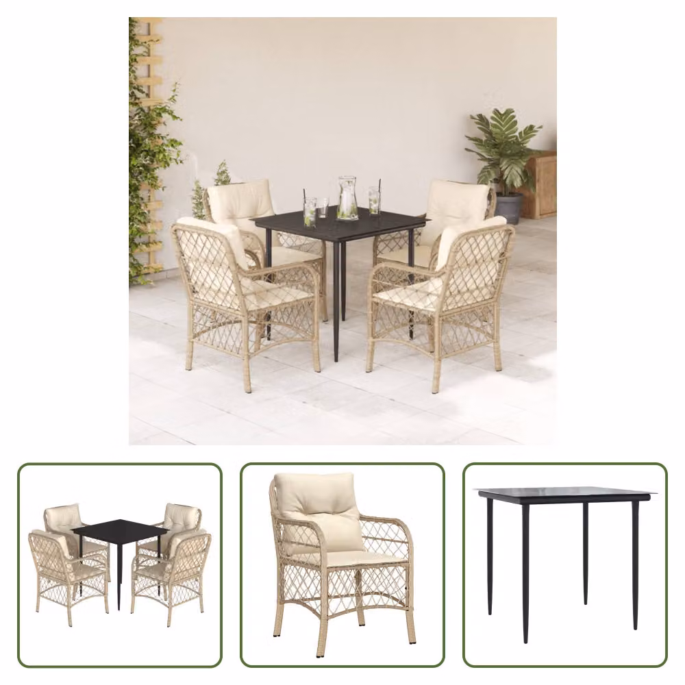 The Living Store Set da pranzo da giardino 5 pezzi con cuscini Beige poly rattan