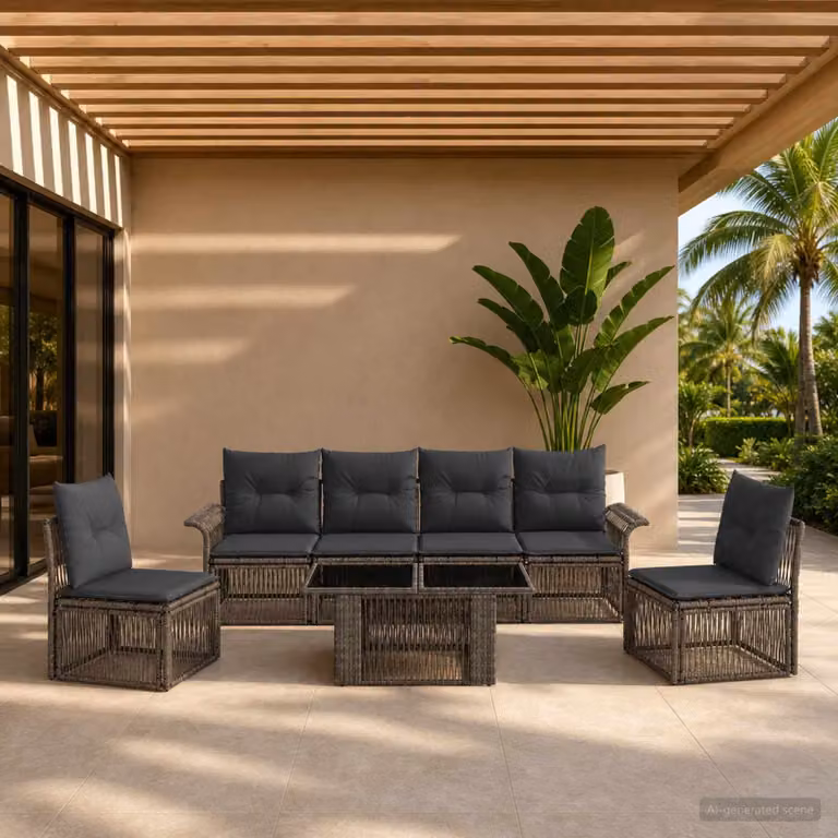 Set Divano da Giardino vidaXL in Polyrattan 7 Pezzi con Cuscini Grigio e Antracite