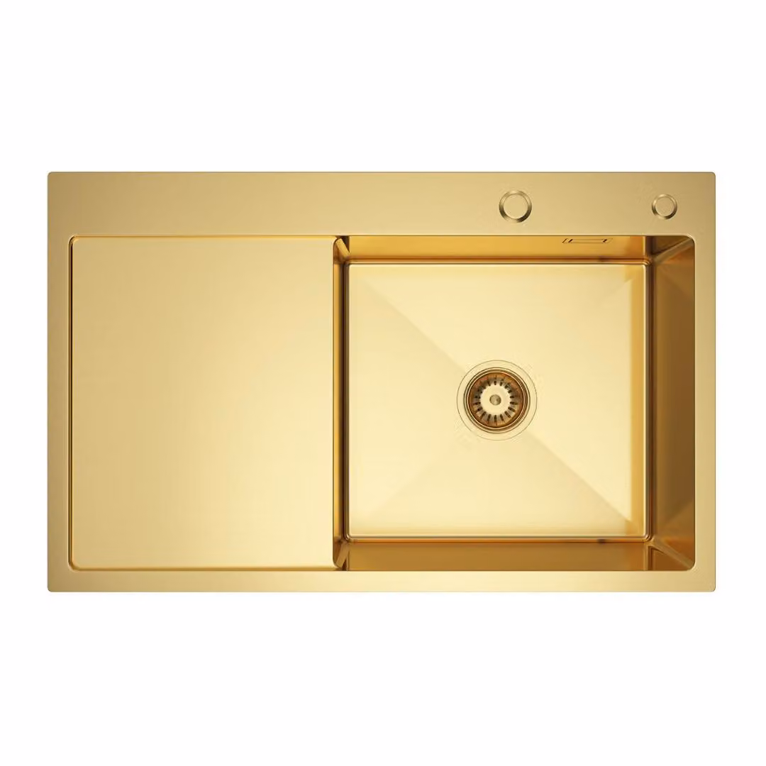 VBChome Lavello da cucina 78×49 cm in acciaio inossidabile color oro con sgocciolatoio a sinistra – Lavello a vasca singola da incasso, profondità 21 cm, mobile sottolavello minimo 50 cm