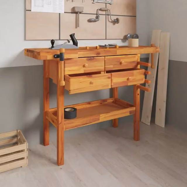 Banco da lavoro con cassetti e morsa vidaXL in legno di acacia marrone L: 124 cm, P: 52 cm, H: 83 cm