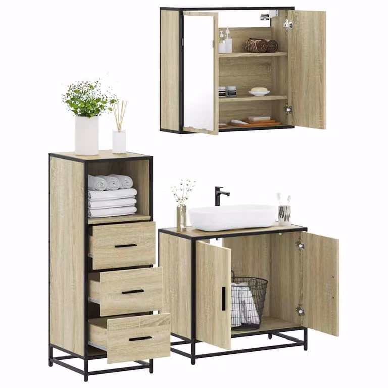 Set di mobili da bagno industrial vidaXL in legno e metallo, 3 pezzi, colore beige e marrone, con armadietto con specchio e mobile lavabo
