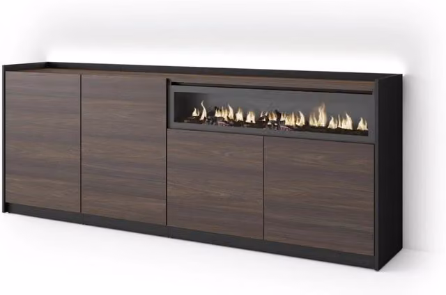 Credenza, Mobile, Cucina, 207x80x37 cm, 4 Porte, Camino elettrico, LED, Rovere scuro e Nero