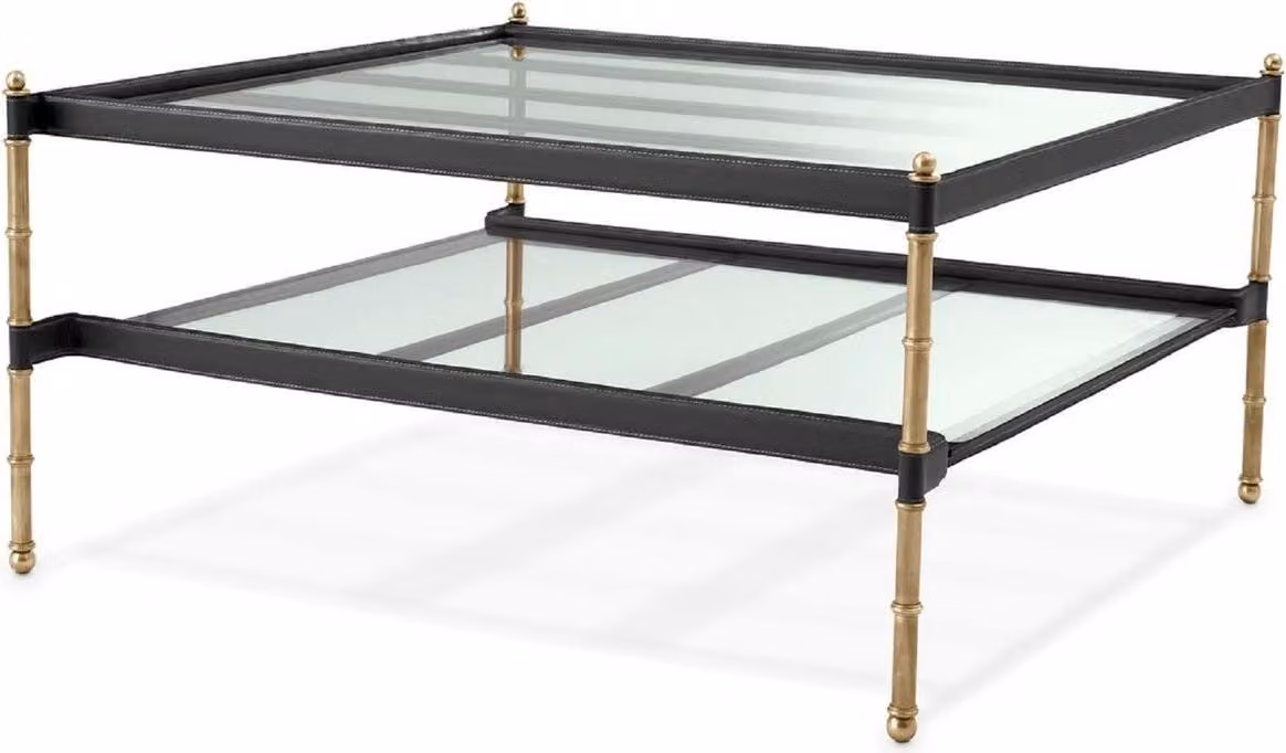 Tavolino Casa Padrino in ottone vintage/nero 89 x 87,5 x h. 44 cm - Tavolino da salotto con piano in vetro e vera pelle - Mobili da salotto - Mobili per hotel - Mobili - Arredi