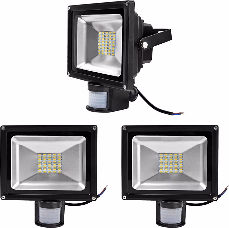 Greenmigo Set da 3 faretti LED SMD da 30 W per esterni con sensore di movimento PIR, impermeabili IP65, corpo in alluminio, colore nero, luce bianco caldo, alimentazione CA 85 ~ 265 V