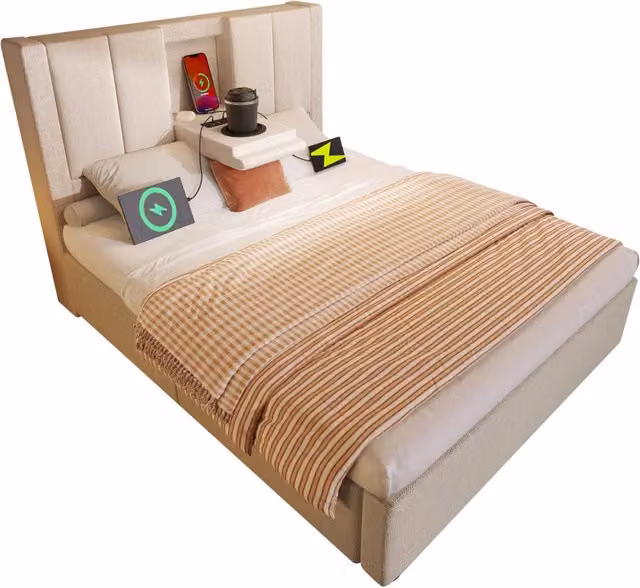 Letto singolo 90x200 cm con contenitore idraulico; USB-C e materasso; beige