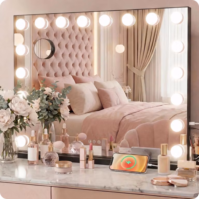 Specchio trucco Hollywood nero 58x48cm da tavolo con 15 luci LED, luce regolabile, altoparlante Bluetooth e ingrandimento 10X
