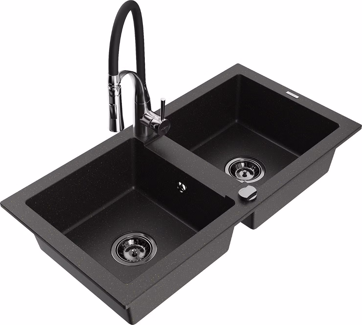 Mexen Mario lavello in granito a 2 vasche con miscelatore da cucina Aster, nero/oro metallizzato - 6504-75-73450-07-B