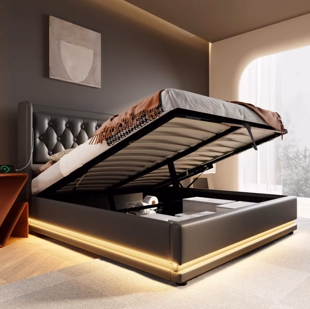Letto matrimoniale MODFU con contenitore e illuminazione LED, rivestimento in ecopelle nera, porta USB Type-C, L/P: 180 x 200 cm – 2