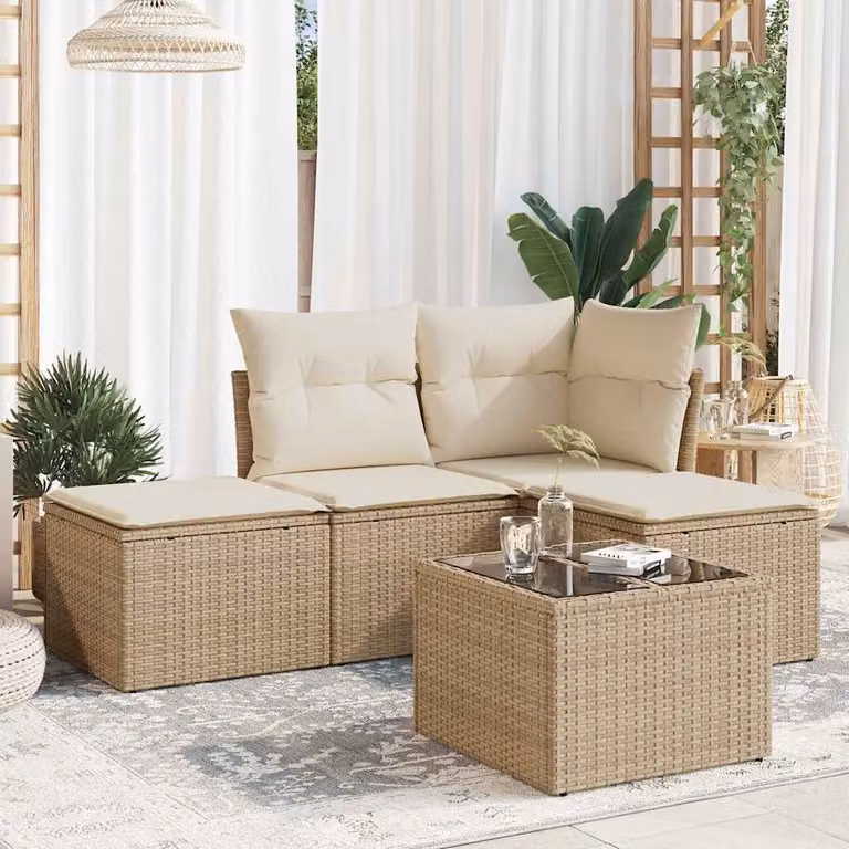 vidaXL Set Divano da Giardino a L 5 pz in Polyrattan con Cuscini Beige e Tavolino da Esterno