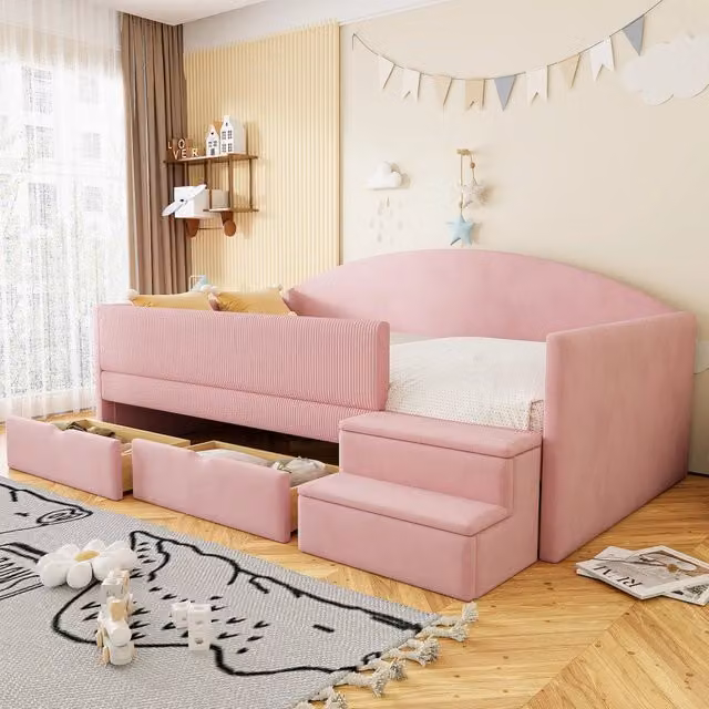 Letto imbottito REDOM per bambini in rosa con 2 cassetti e scaletta L/P: 90 x 190 cm