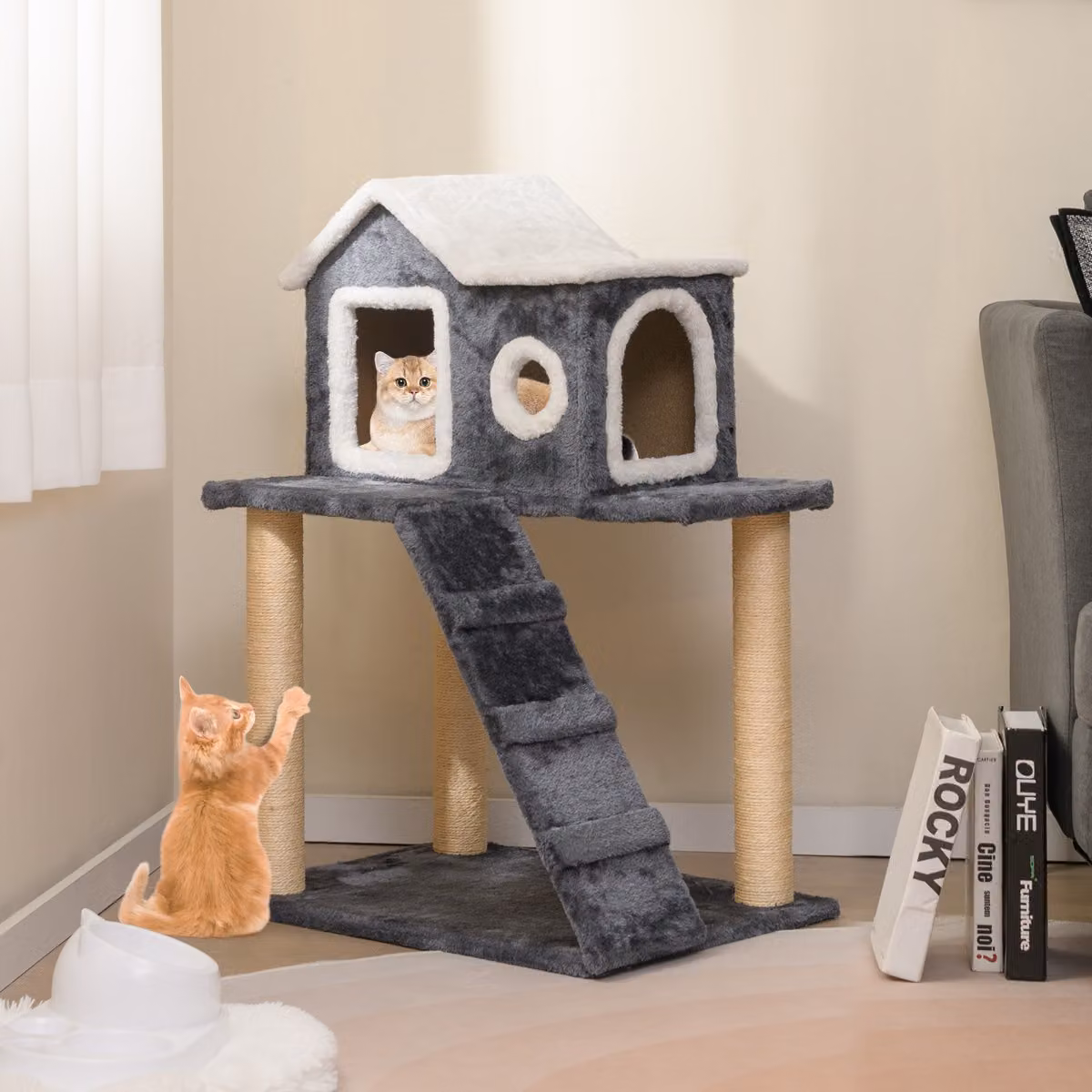 Albero tiragraffi per gatti Costway con grotta e scala, Grigio, L: 60 cm, P: 46 cm, H: 90 cm