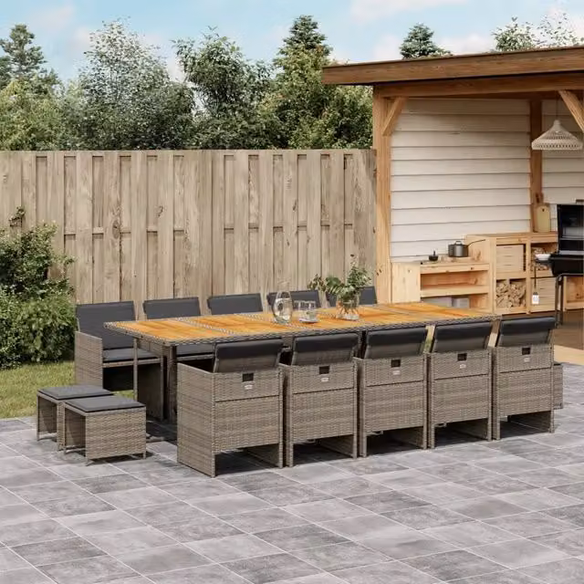 Set da pranzo da giardino vidaXL in polyrattan e legno di acacia con cuscini, 15 pezzi, grigio e marrone