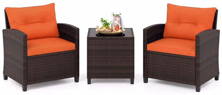 Set di mobili da giardino COSTWAY in rattan sintetico, composto da 3 pezzi. Set di mobili da balcone che include 2 poltrone, cuscini e un tavolo con piano in vetro temperato, ideale per creare un'area relax resistente alle intemperie per 2 persone