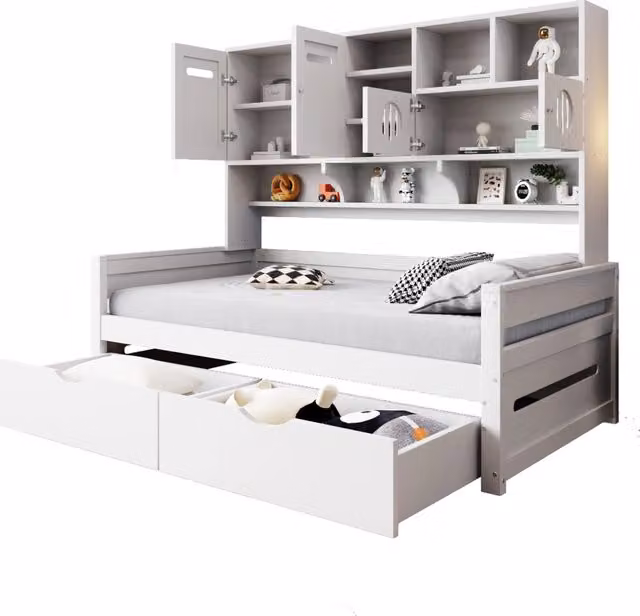 Letto singolo 90x200 con contenitore superiore e due cassetti; struttura bianca in legno; senza materasso