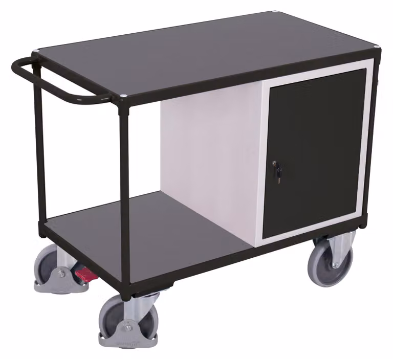 Carrello da officina VARIOfit con maniglia scorrevole, armadietto e 2 ripiani, colore grigio antracite RAL 7016