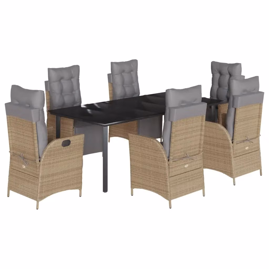 Set Pranzo da Giardino vidaXL in Polyrattan con Cuscini e Tavolo in Vetro, 7 Pezzi, Colore Misto Beige, Nero e Grigio – 2
