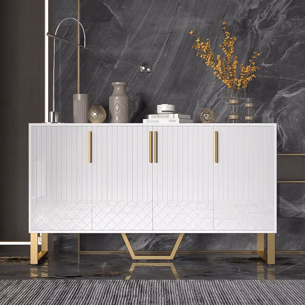 Credenza Merax 140x40x80 cm in bianco lucido, cassettiera con 4 ante, credenza con maniglie e gambe in metallo, buffet con funzione push-to-open