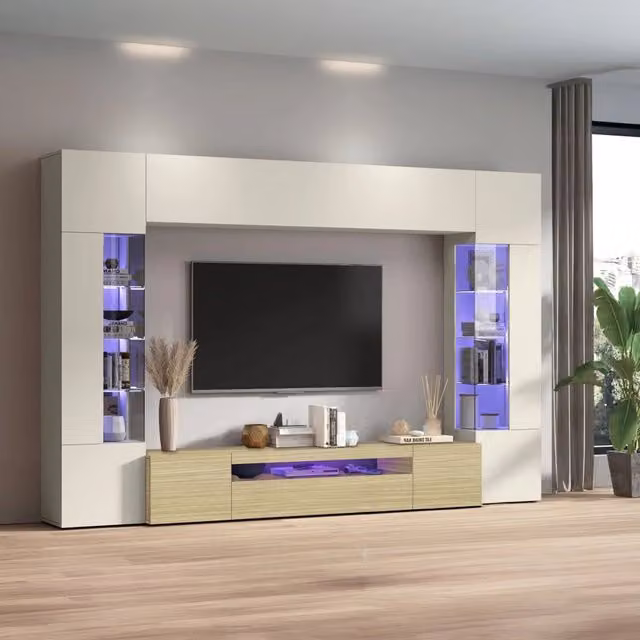 Parete Attrezzata DMORA Moderna in Rovere Marrone con Ante a Vetro e Illuminazione Integrata L: 290 cm, P: 40 cm, H: 190 cm – 1