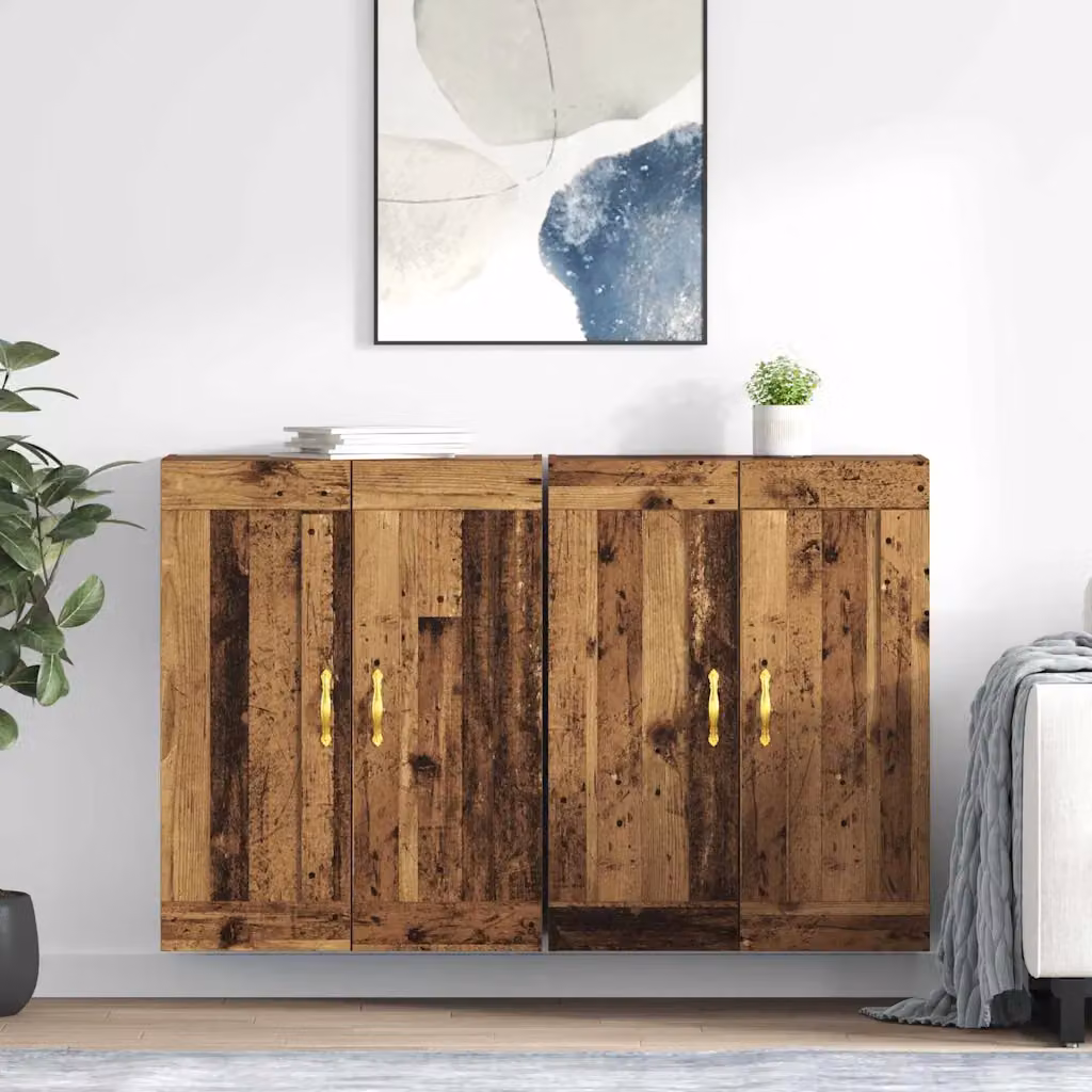 Set di 2 mobili da parete vidaXL in legno effetto vecchio marrone con ante a battente e ripiani interni, L: 69,5 cm, P: 34 cm, H: 90 cm