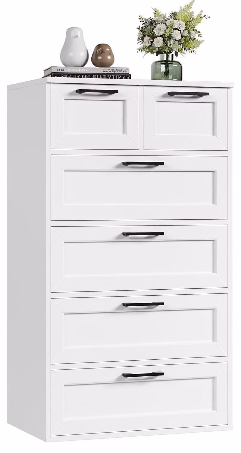 Comodino bianco con 6 cassetti, in legno, mobiletto contenitore per soggiorno, camera da letto o ingresso, design moderno