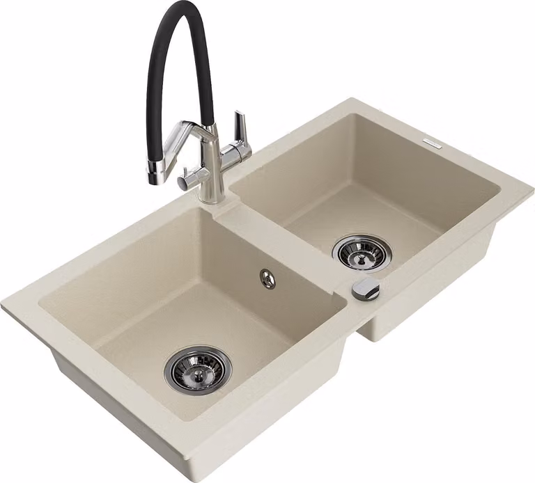 Mexen Mario lavello in granito a 2 vasche con miscelatore da cucina Duo, beige - 6504-69-671701-07-B