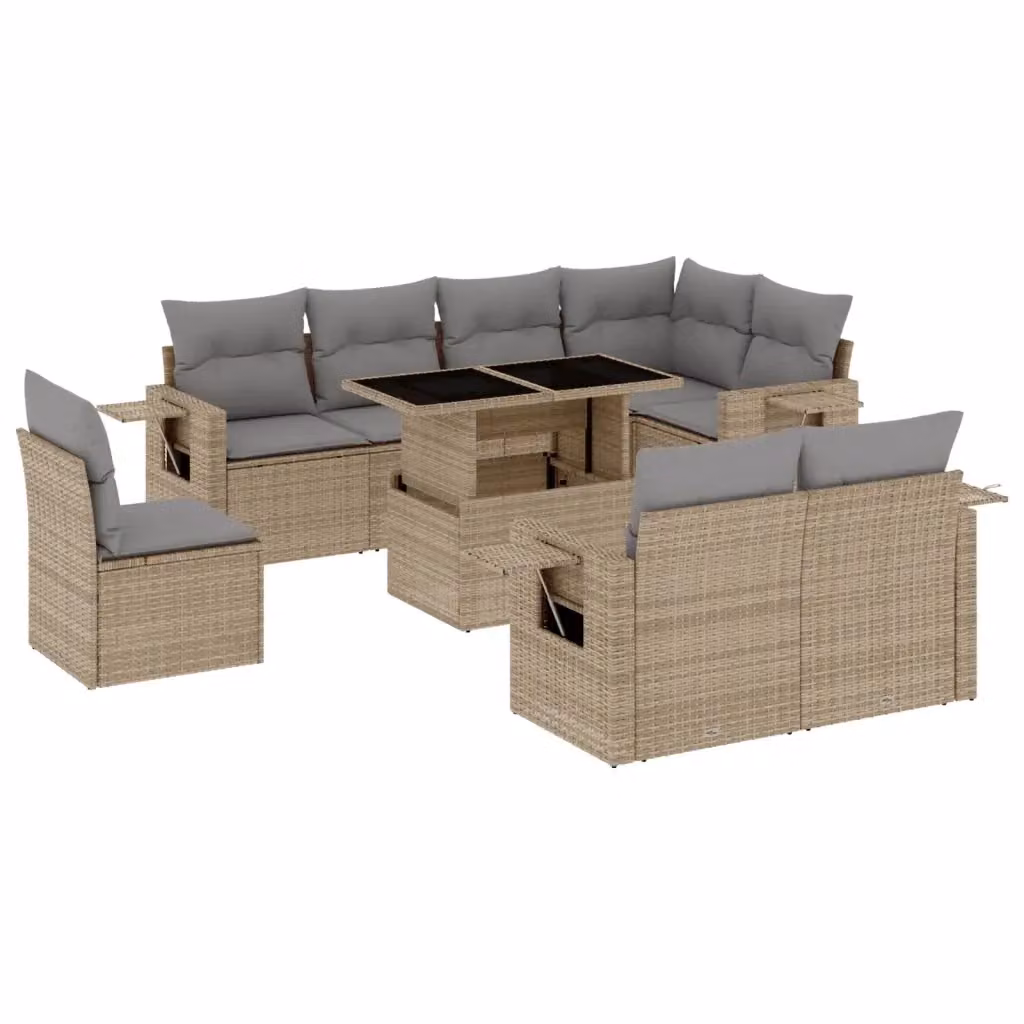 Set Divano da Giardino a L vidaXL in Polyrattan con Cuscini Beige e Tavolino da 9 Pezzi – 2