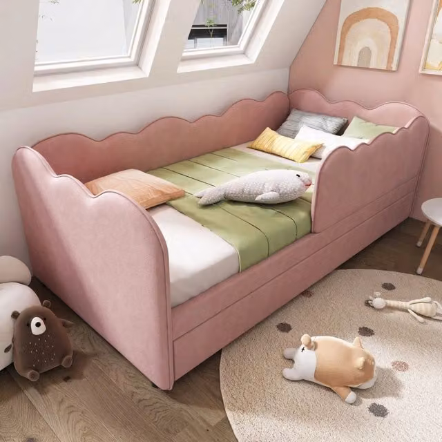 Letto a giorno moderno per bambini con letto estraibile in velluto rosa e struttura in metallo, 90 x 190 cm – 1