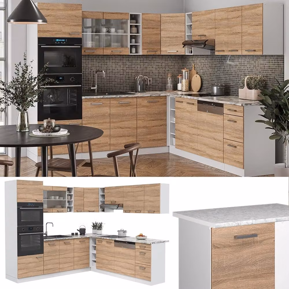 Cucina angolare moderna Vicco R-Line in rovere e bianco con ante in vetro e illuminazione integrata L/P/H: 247 x 237 x 60 cm – 2