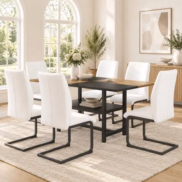 Set tavolo da pranzo con ripiano integrato e 6 sedie in PU bianco; lunghezza 160 cm