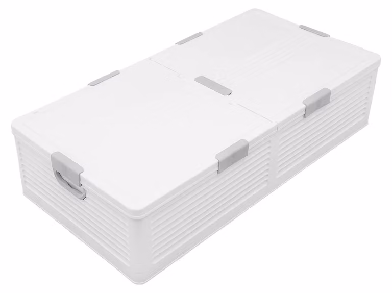 Contenitore di stoccaggio, design pieghevole, plastica resistente, colore bianco