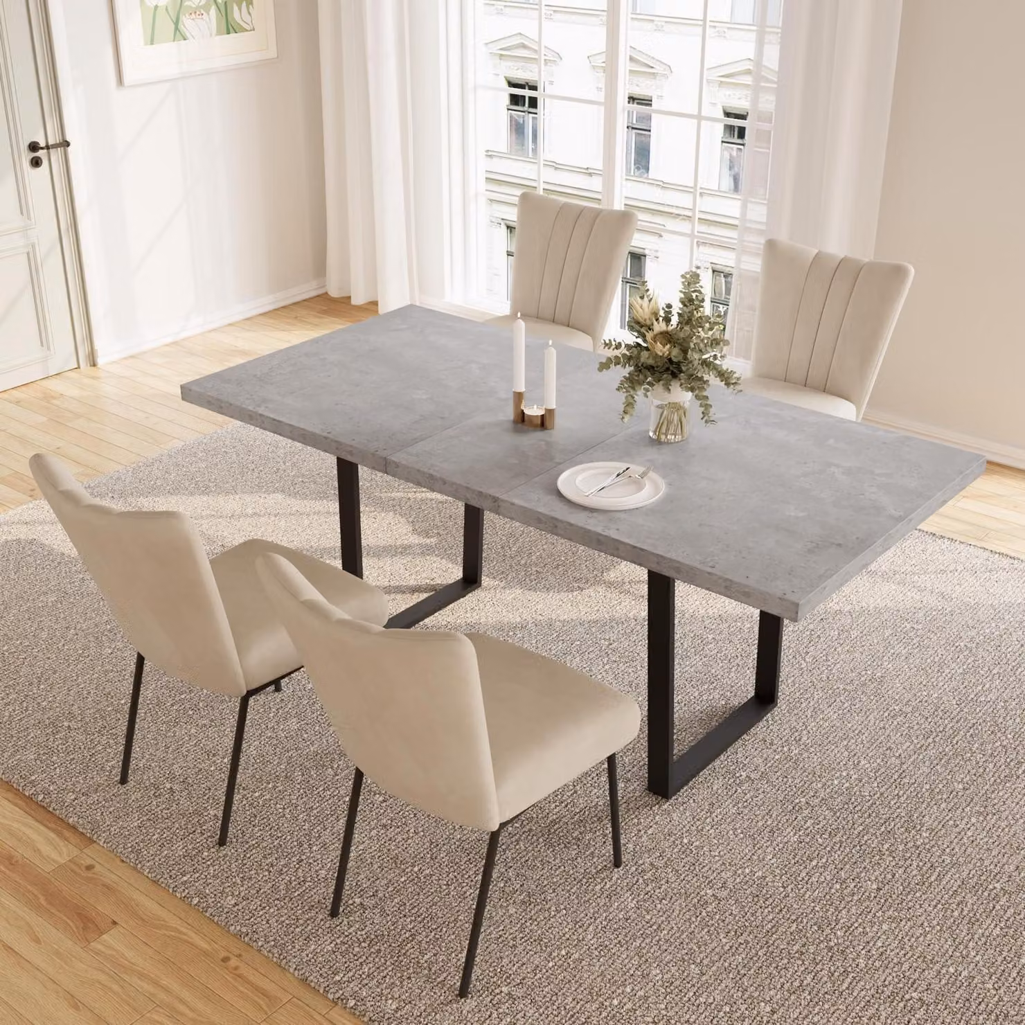 Tavolo da pranzo allungabile con 4 sedie, dimensioni 130-170 cm, in MDF, colore beige