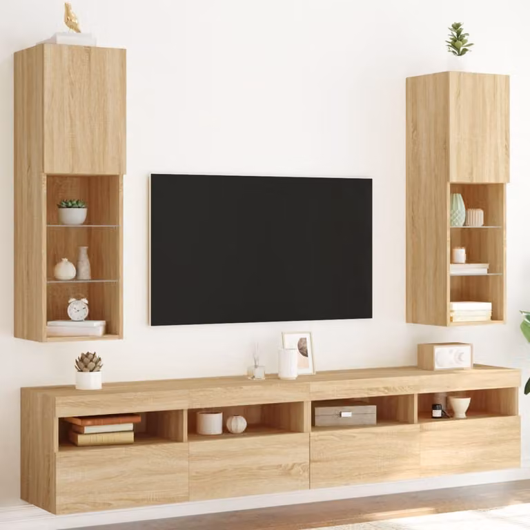 Set di 2 mobili TV moderni vidaXL con luci LED integrate in rovere, L/P/H: 30,5 x 30 x 102 cm