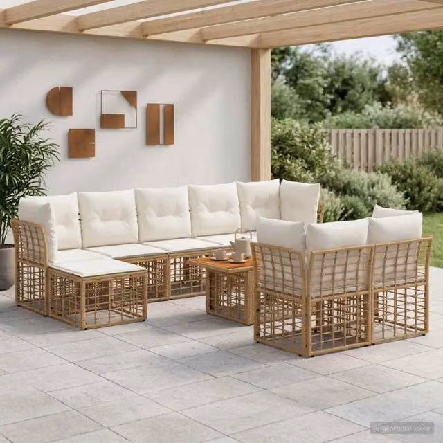Set Divano da Giardino 10 pz Naturale e Bianco Crema polyrattan 3437910