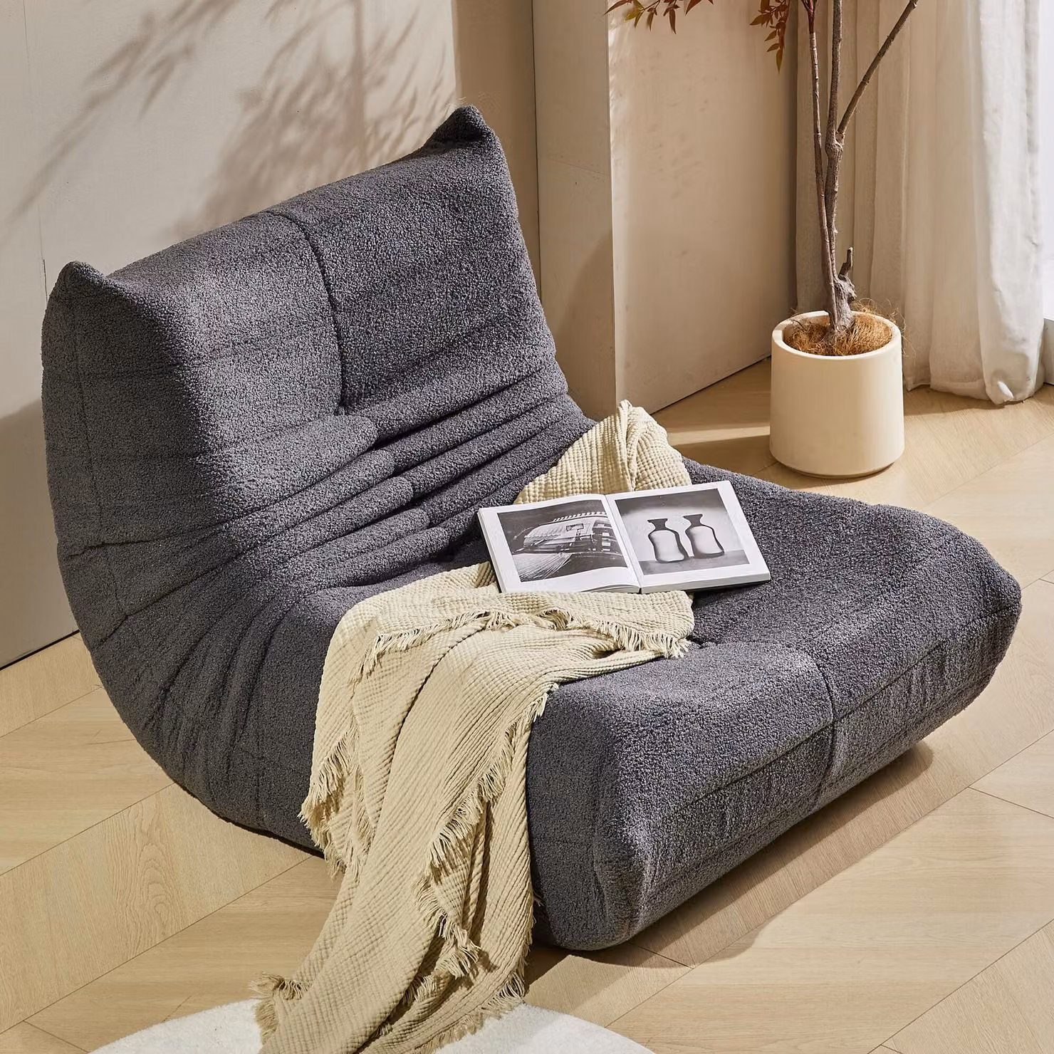 MODFU Divano Letto Poltrona Classica Divano Pigro con Schienale e Poggiapiedi, Divano Doppio Cuscino Sedile Interno Sedia da Meditazione Pieghevole per il Soggiorno- Velluto Teddy, Grigio