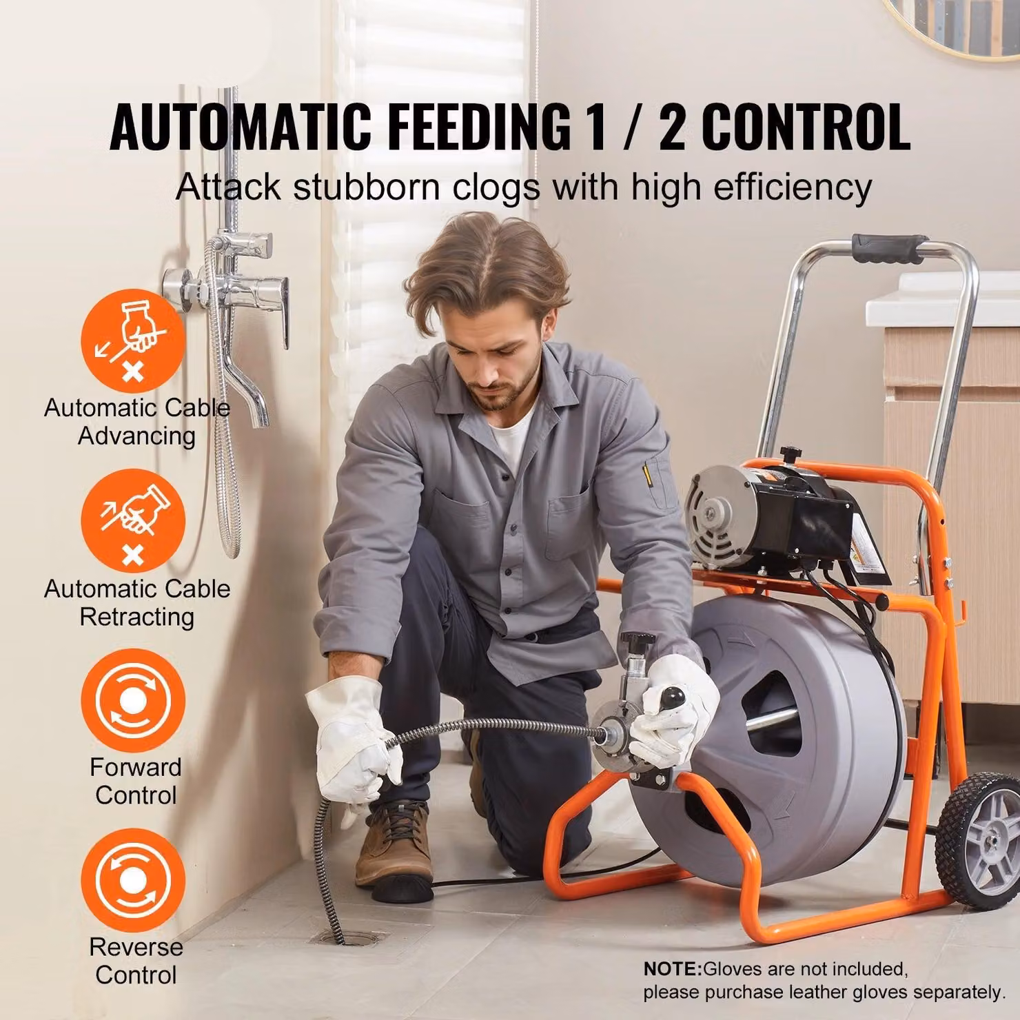 Tubo di aspirazione elettrico con alimentazione automatica del cavo e 23 metri di cavo in acciaio per la pulizia delle fognature
