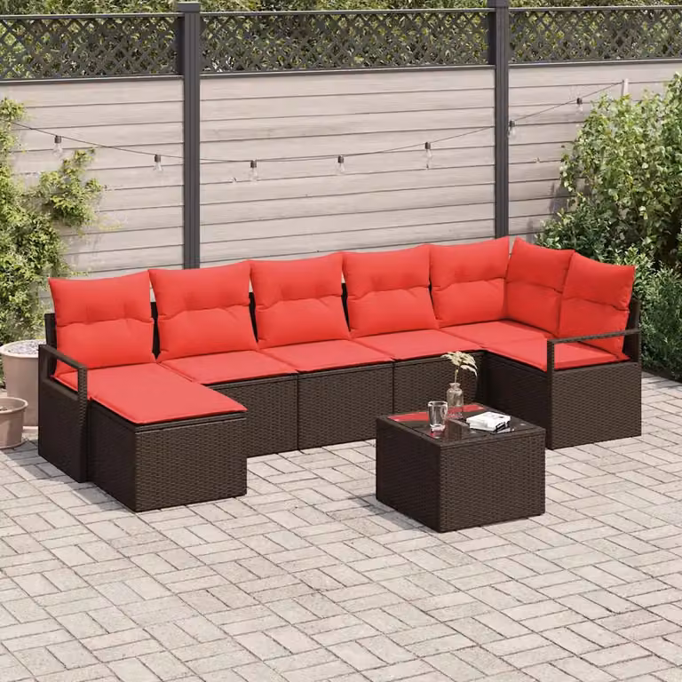 Set di divani da giardino vidaXL in rattan e metallo, 8 pezzi, Marrone e Rosso