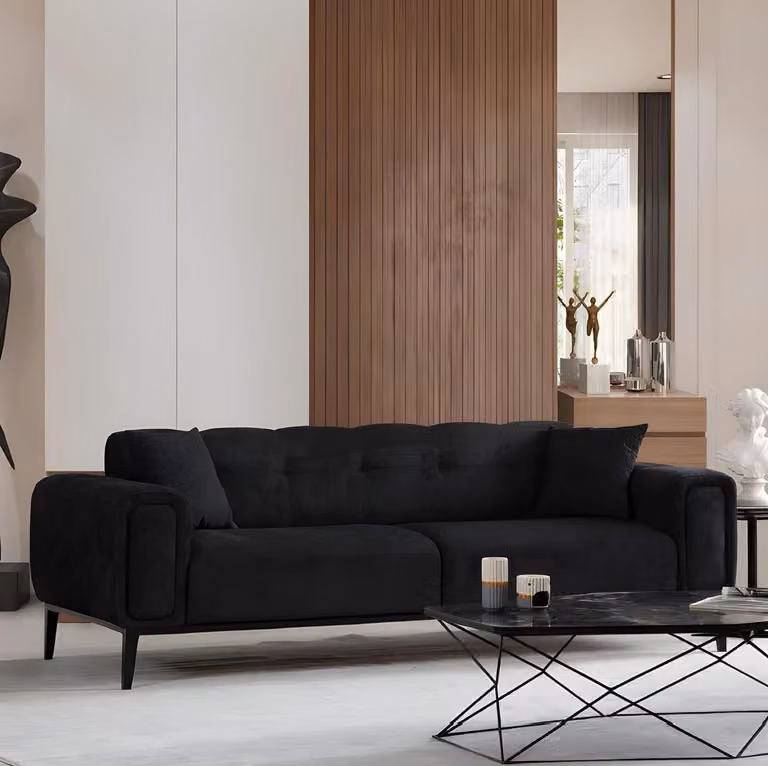 Schicke Schwarz-Graue Wohnzimmer Polstergarnitur Dreisitzer Sessel 3tlg