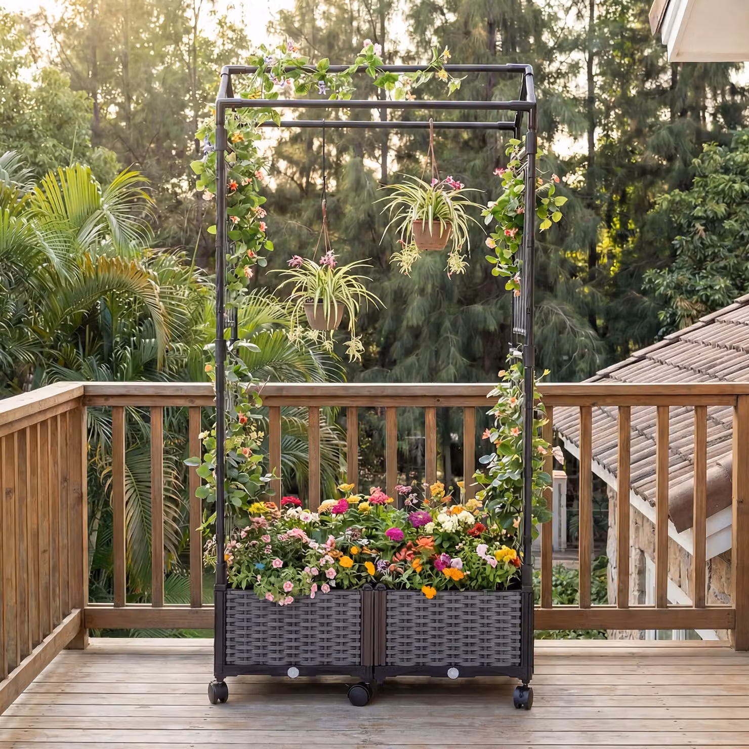 Costway Cassetta per piante con irrigazione automatica e letto rialzato su ruote bloccabili, Vaso da esterno nero con tetto in rattan impermeabile in WPC
