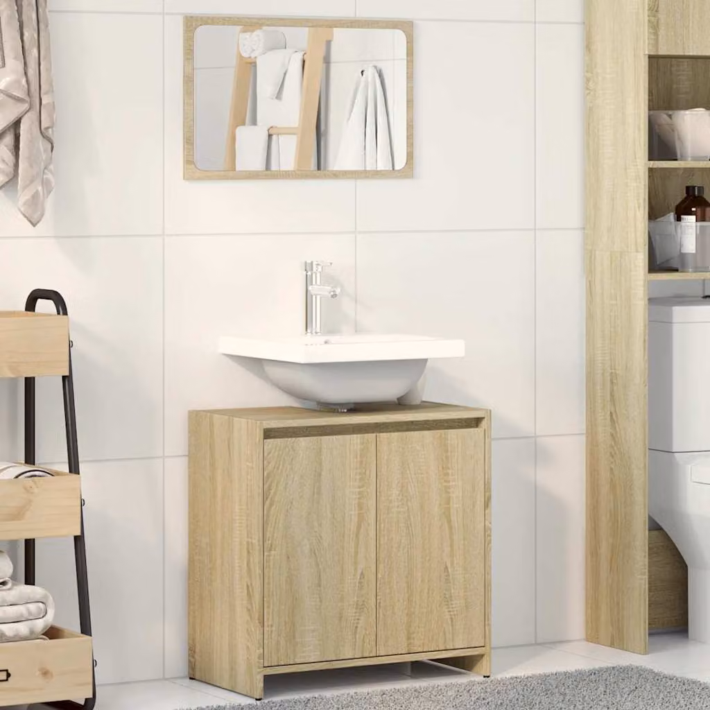 Set Mobili da Bagno vidaXL 2 Pezzi in Legno Rovere Sonoma Marrone con Mobile Lavabo e Armadietto Specchio