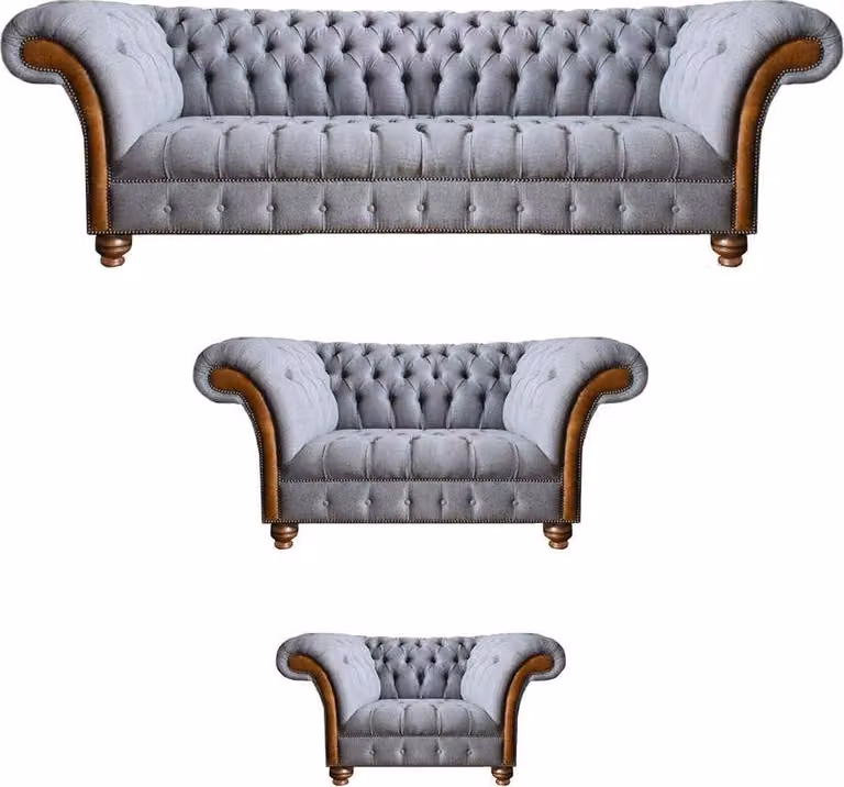 Chesterfield Hellgraue Polster Sofagarnitur Textil Designer 3tlg Set