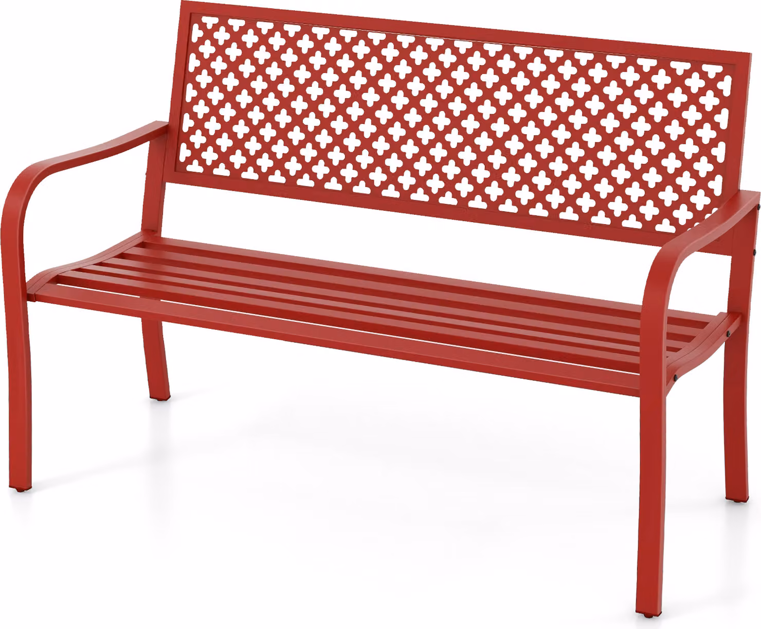 COSTWAY panchina da giardino in metallo fino a 300 kg, panchina resistente alle intemperie per 2-3 posti, panchina da parco con schienale e braccioli, 127x62x86cm rosso