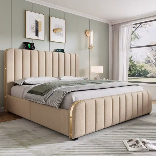 letto matrimoniale 180 x 200 cm, imbottito, con presa USB/Type-C per la ricarica, 4 cassetti, beige