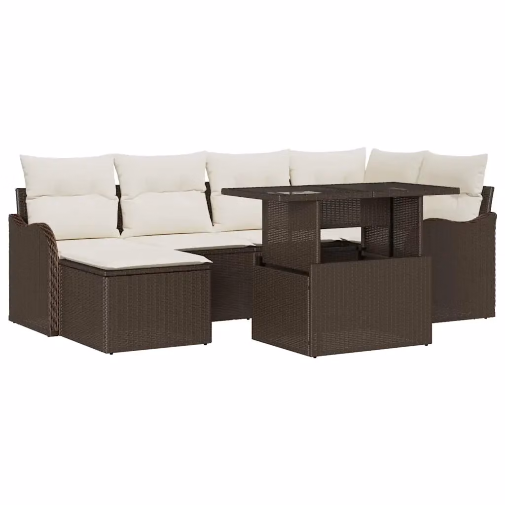 Set Divano da Giardino a L vidaXL 7 pz Marrone e Beige con Cuscini e Tavolino in Poly Rattan e Metallo – 2
