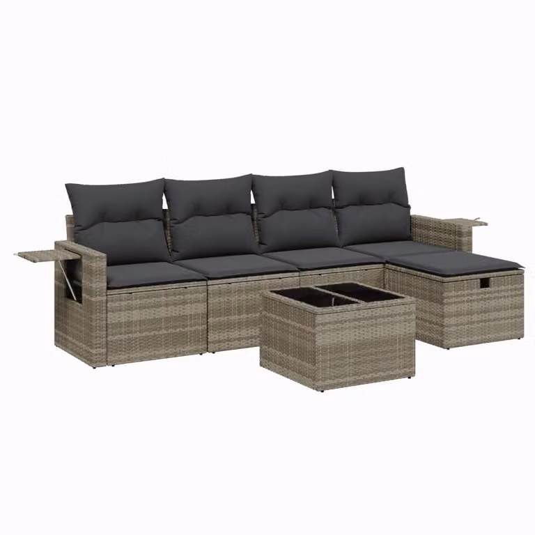 Set Divano da Giardino 6pz con Cuscini Grigio Chiaro Polyrattan