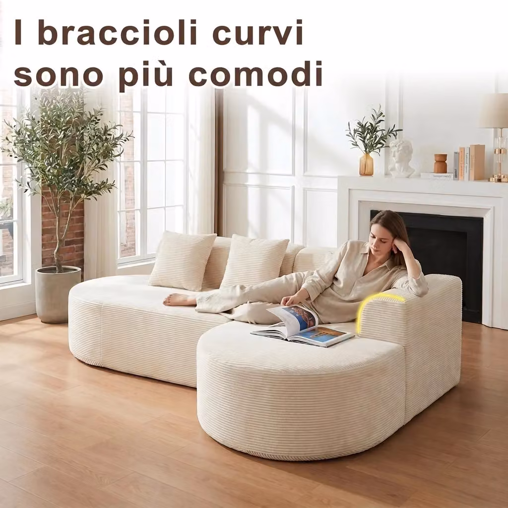 Divano angolare a L Vovees Living da 4 posti con penisola curva in velluto a coste beige, L: 220 cm – 2